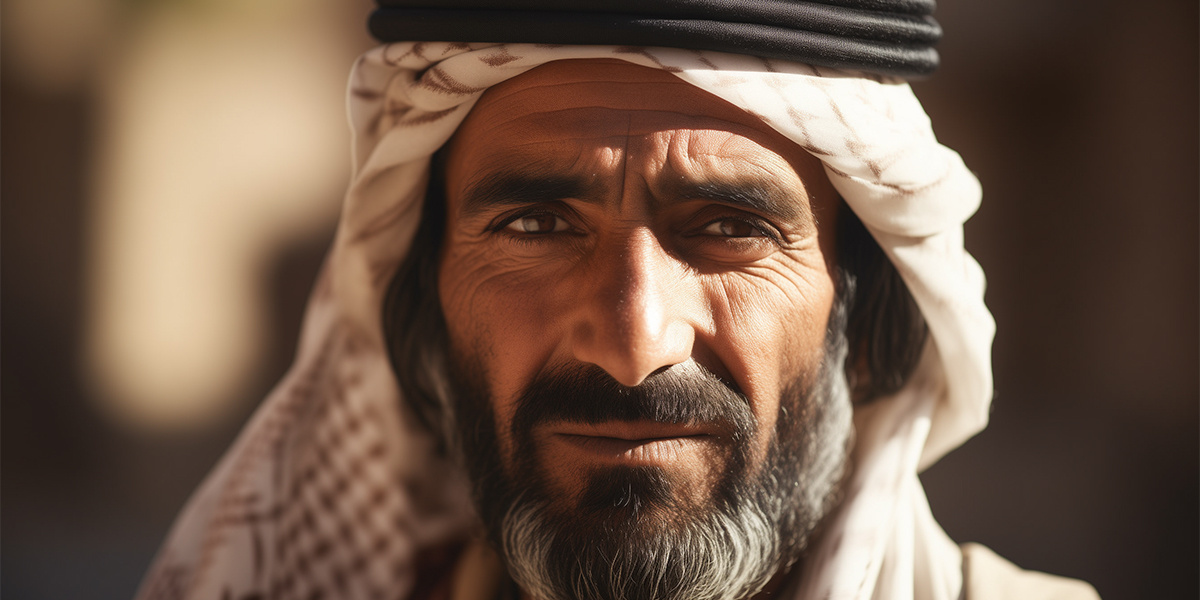 Middle Eastern man with a mustache and beard wearing a patterend turbin looking directly at the camera. Only his face and head are in view.